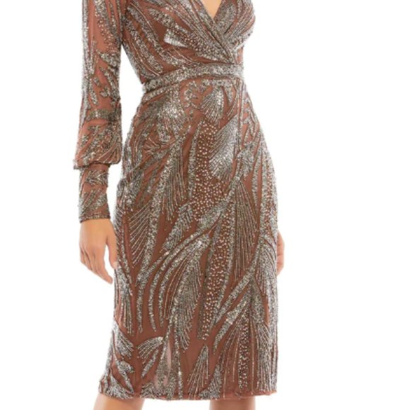 MAC DUGGAL BEADED LONG SLEEVE MOCHA MIDI COCKTAIL DRESS sz 2 - Picture 5 of 6